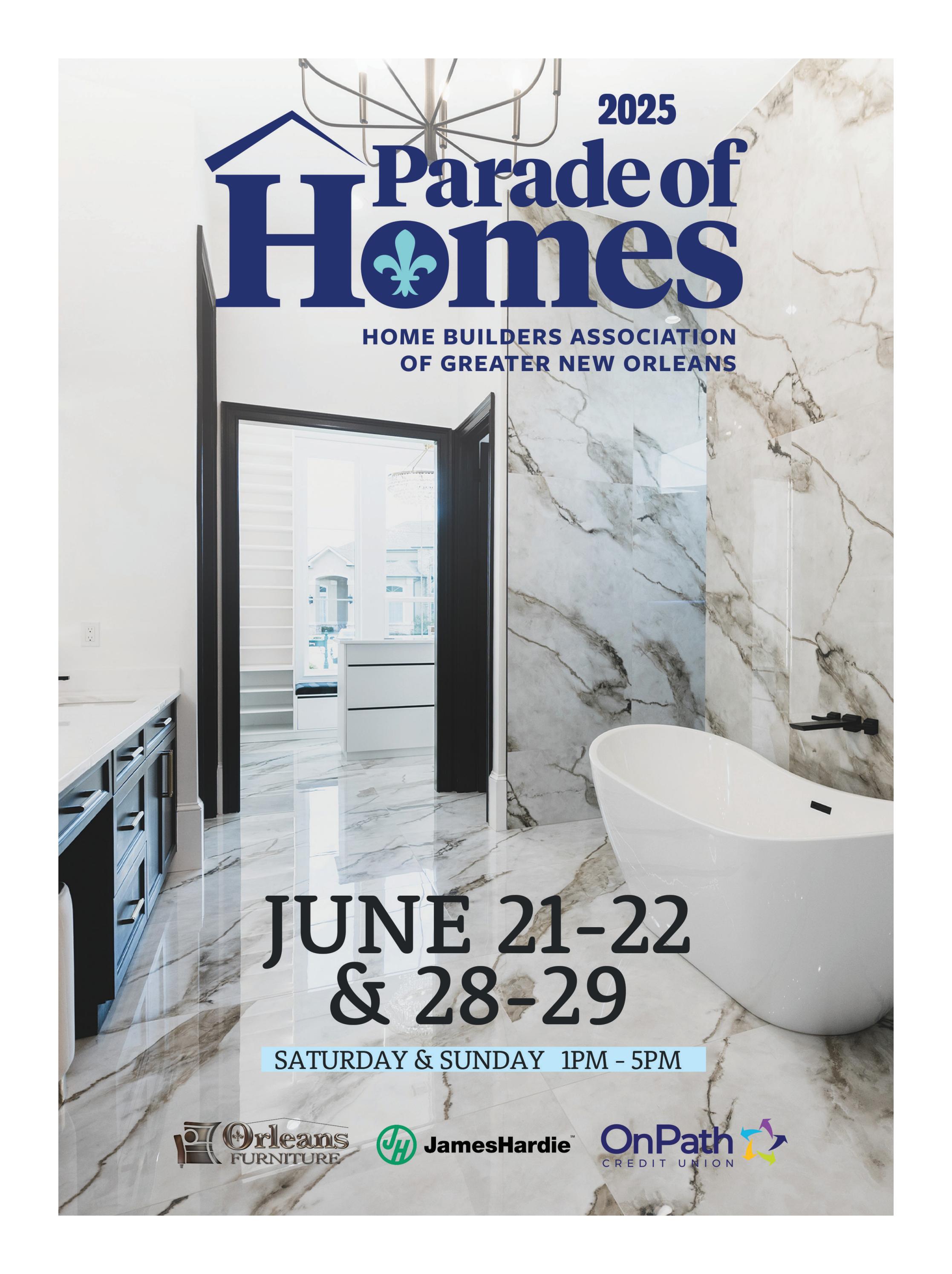 Official 2025 HBAGNO Parade of Homes magazine cover featuring the primary bath at 105 Lac Lafreniere Court