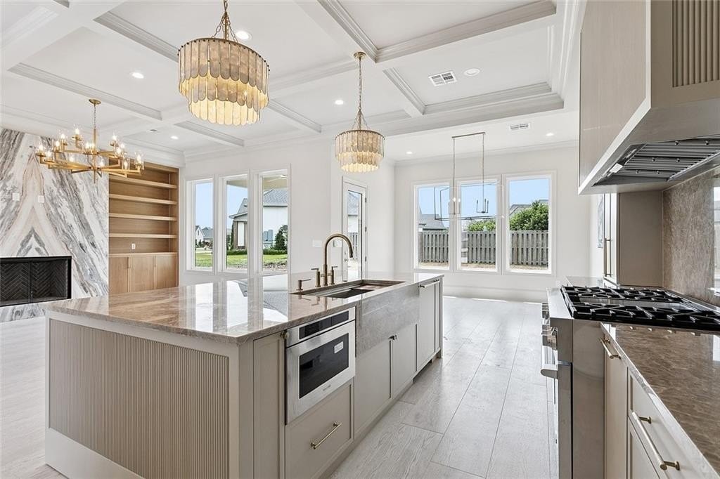 Kitchen looking to fireplace at 138 Wood Duck Drive